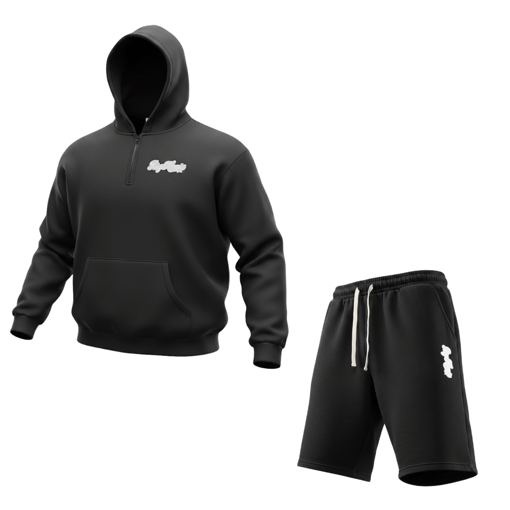 (Embroidery)Big Homie Quarter Zip Up Black Hoodie Shorts Set