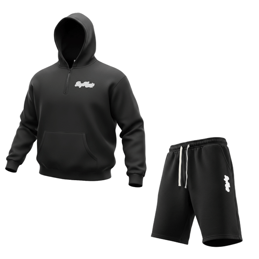 (Embroidery)Big Homie Quarter Zip Up Black Hoodie Shorts Set
